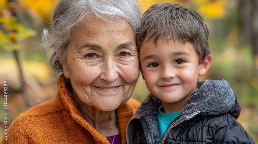 Fototapeta premium Happy grandmother and grandson enjoying nature together