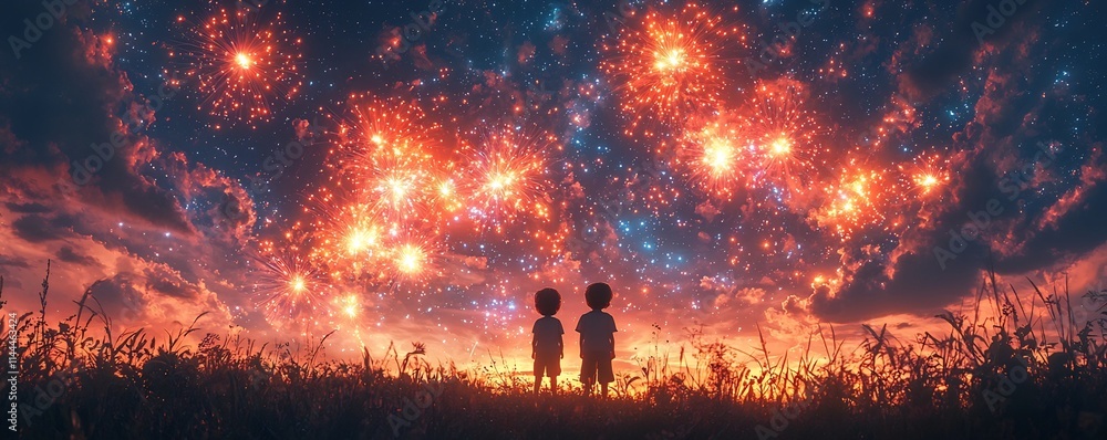 Fototapeta premium Captivating Fireworks Display Igniting Childhood Wonder in Serene Meadow