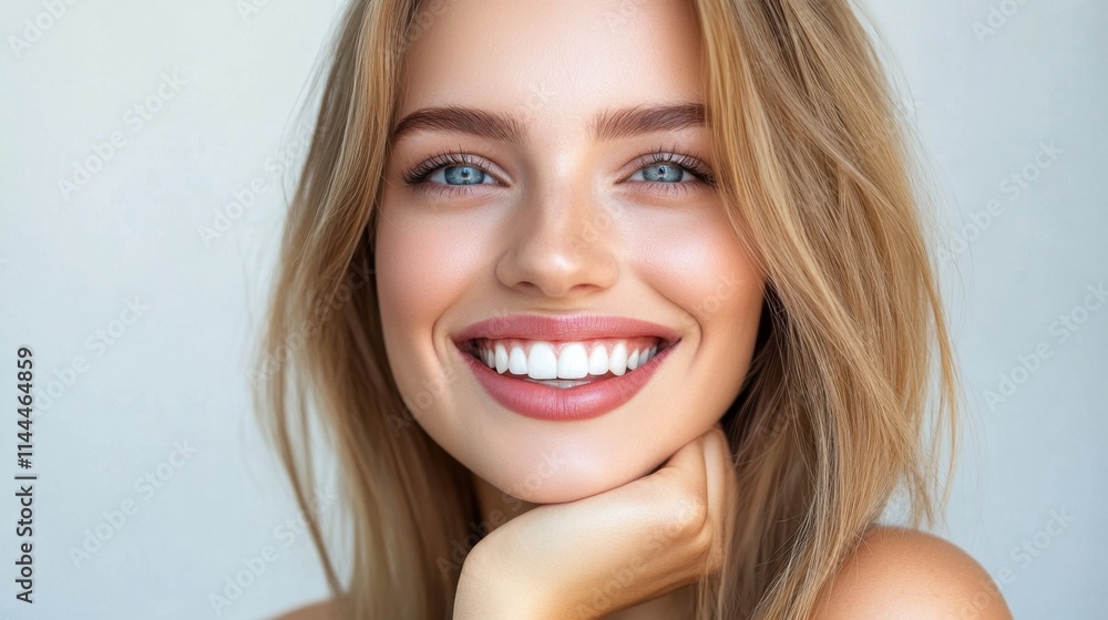 Smiling Woman with Long Hair and Bright Blue Eyes Against Neutral Background Smiling Woman with Long Hair and Bright Blue Eyes Against Neutral Background