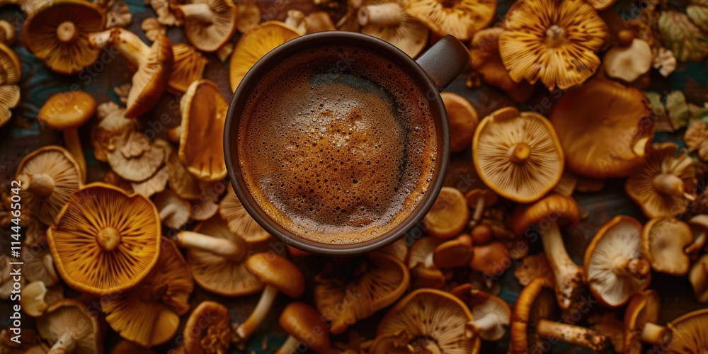 Coffee in mug on top of mushrooms, cozy morning scene Coffee in mug on top of mushrooms, cozy morning scene