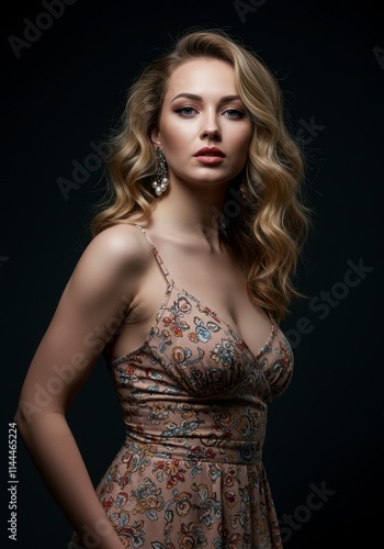 Stunning studio portrait of a curvy woman wearing a sheer floral sundress, emphasizing her perfect figure, radiant skin, and feminine elegance.