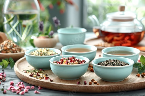 Wallpaper Mural Various herbal and spice teas displayed in ceramic bowls on a wooden tray, with a glass teapot in the background. Torontodigital.ca