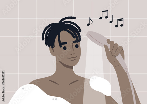 A character is in the shower, holding a handheld showerhead while humming a melody, they appear relaxed and engaged, surrounded by bubbly soap and a stylish bathroom design