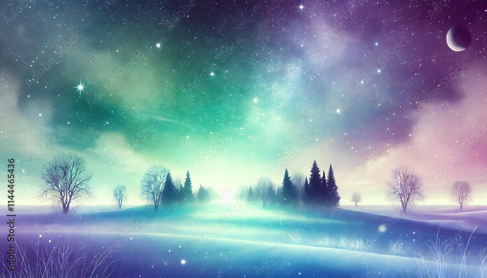 Tranquil Late Winter Scene with Mystical Starry Sky in Purple, Green, and Blue on a Clear Day Tranquil Late Winter Scene with Mystical Starry Sky in Purple, Green, and Blue on a Clear Day