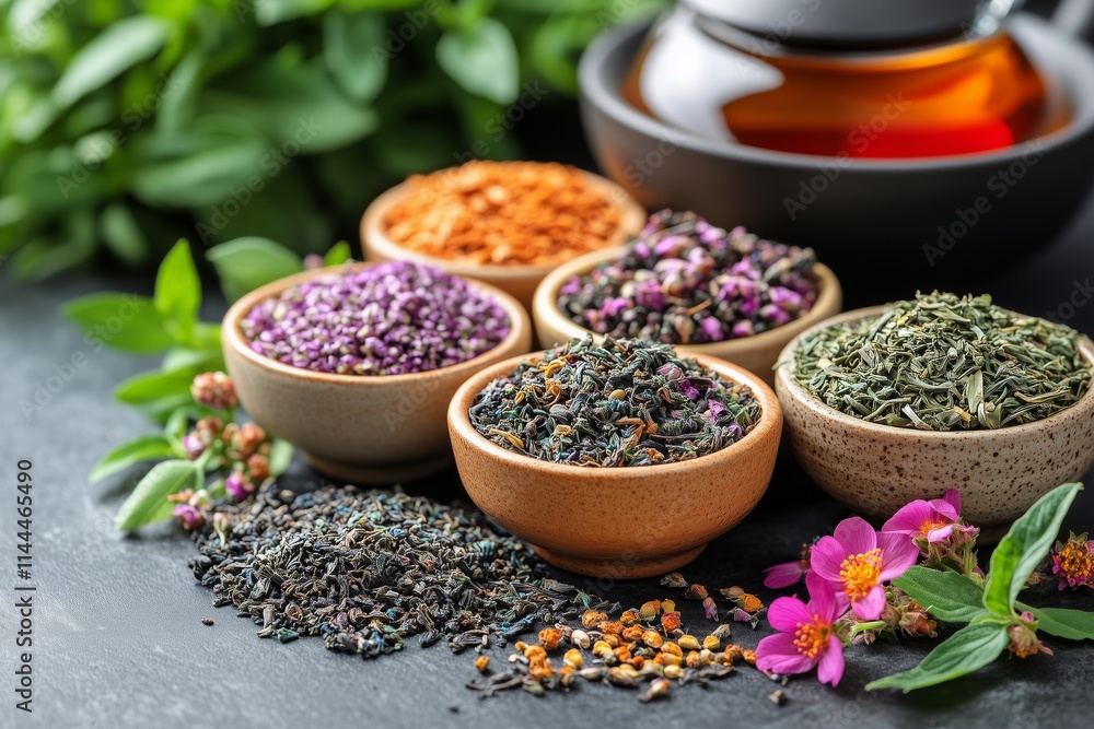 Assorted herbs and spices in bowls with a teapot and fresh flowers on a dark surface. Assorted herbs and spices in bowls with a teapot and fresh flowers on a dark surface.
