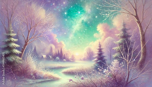 Tranquil Late Winter Scene with a Mystical Starry Sky in Soft Pastel Shades of Purple, Green, and Blue photo