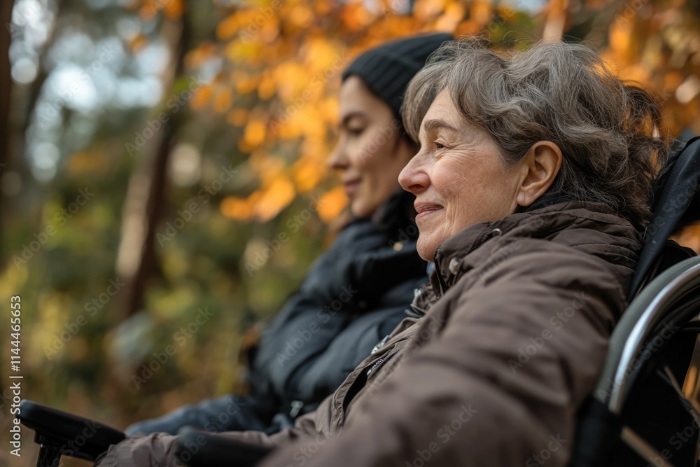 Two adults sitting on bench enjoying the outdoors, autumn leaves falling. Two adults sitting on bench enjoying the outdoors, autumn leaves falling.