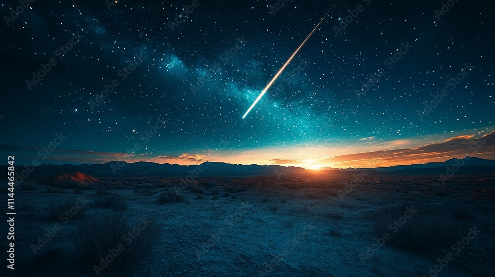 Fototapeta premium Desert sunrise with shooting star and Milky Way.