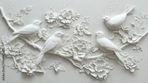 White birds and flowers 3D relief wall art.