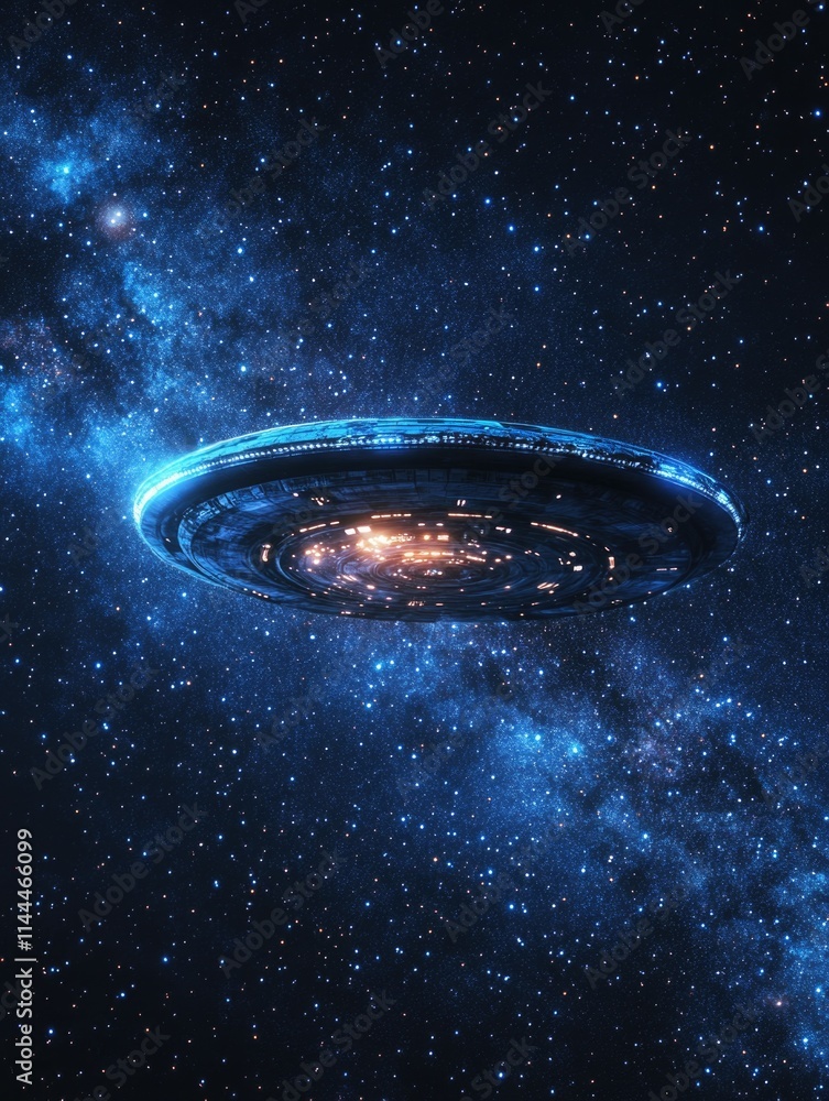 Obraz premium A spaceship floating through the cosmos, suggesting exploration or encounters with extraterrestrial life.