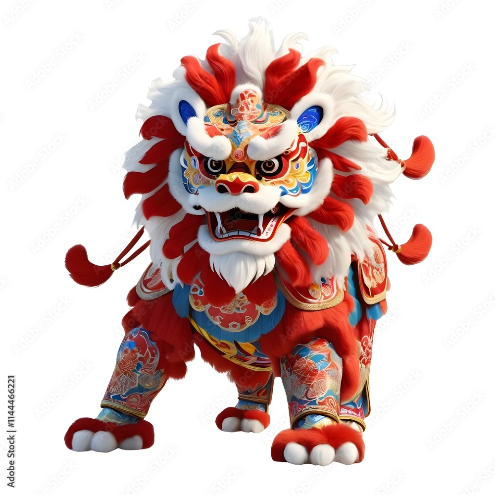 Vibrant and Intricate Design: A Close-Up View of a Traditional Chinese Lion Dance Costume, Rich in Red, Gold, and Blue Hues, Showcasing Exquisite Embroidery and Fur Details. Vibrant and Intricate Design: A Close-Up View of a Traditional Chinese Lion Dance Costume, Rich in Red, Gold, and Blue Hues, Showcasing Exquisite Embroidery and Fur Details.