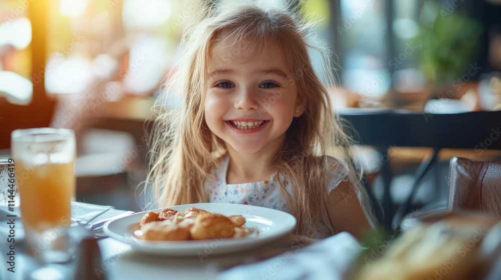 Smiling young girl enjoying breakfast at a sunny restaurant table Smiling young girl enjoying breakfast at a sunny restaurant table