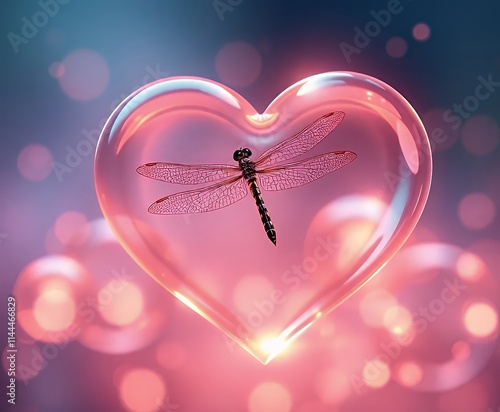  dragonfly sitting on a heart shaped glass object.