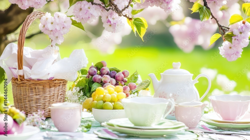 A pastel tea set with delicate desserts set on a floral tablecloth under blooming cherry trees, evoking a spring picnic. A pastel tea set with delicate desserts set on a floral tablecloth under blooming cherry trees, evoking a spring picnic.