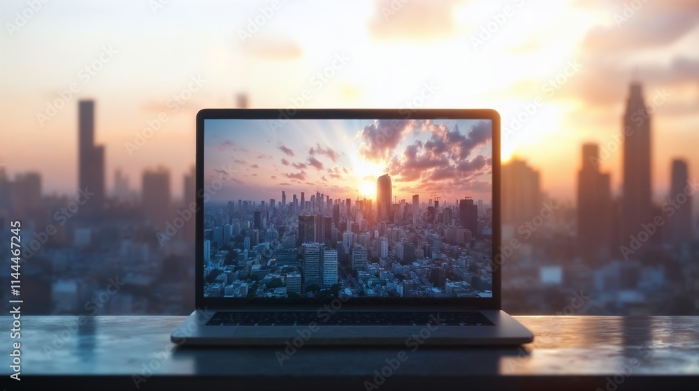 Luminous city skyline reflected on a laptop screen during sunset over a bustling urban landscape Luminous city skyline reflected on a laptop screen during sunset over a bustling urban landscape