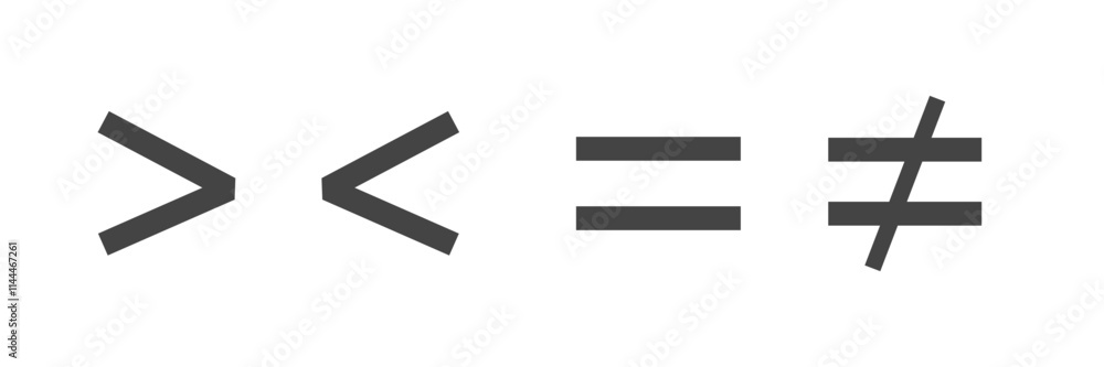 Mathematics Inequality Symbols. Formula for use Greater than, less than and equal icon. Vector Mathematics Inequality Symbols. Formula for use Greater than, less than and equal icon. Vector