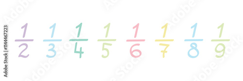 Unit fraction numbers collection.Hand drawn numbers. Half, third, quarter and other proportion chart. Vector illustration