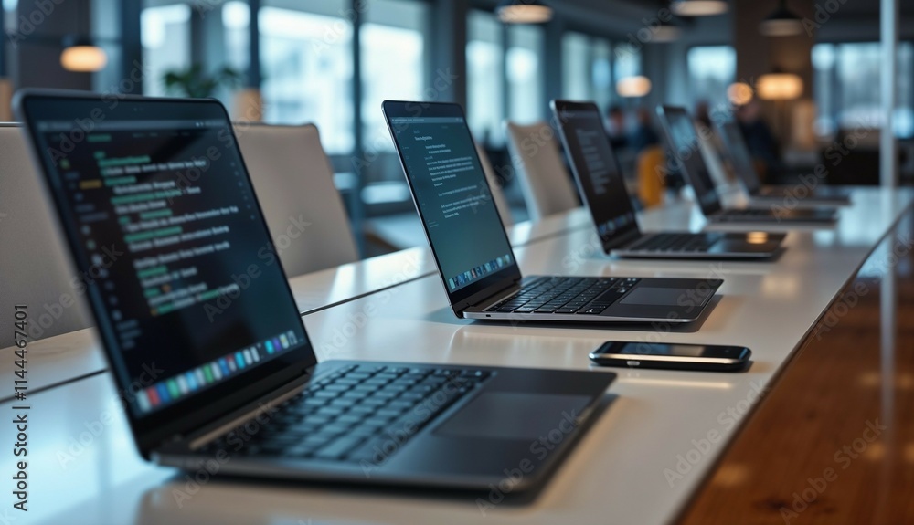 Multiple laptops on a sleek workspace in an office environment during daylight hours Multiple laptops on a sleek workspace in an office environment during daylight hours