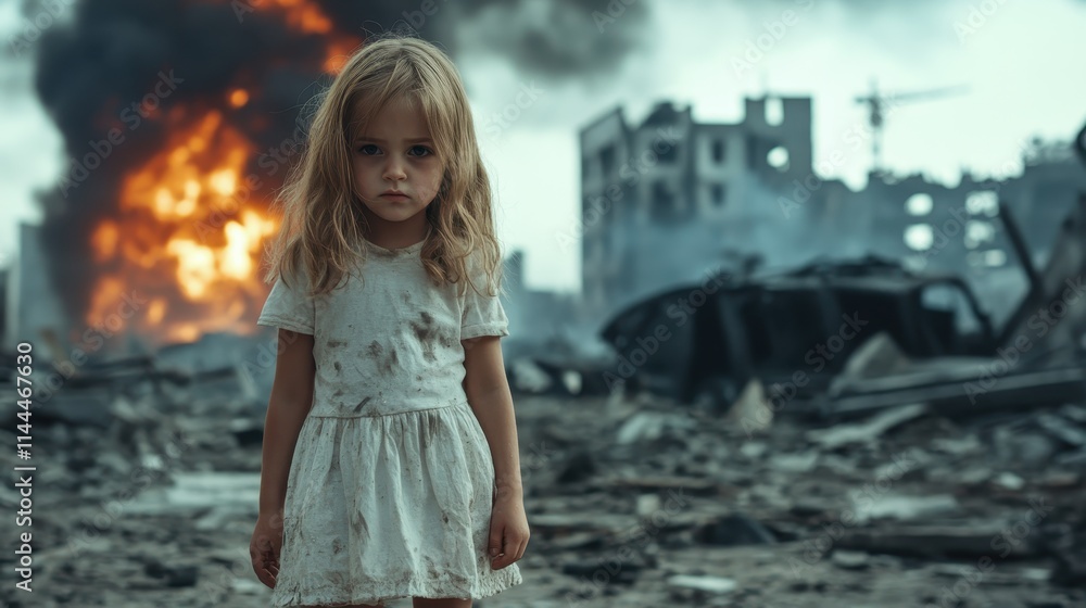 A disheveled young girl in a tattered dress stands before a backdrop of smoke and flames from a burning building, representing resilience amid chaos. A disheveled young girl in a tattered dress stands before a backdrop of smoke and flames from a burning building, representing resilience amid chaos.