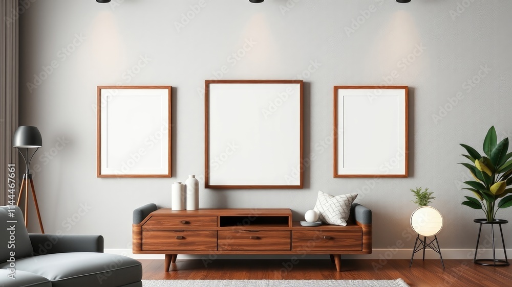 Modern Living Room Interior Design with Empty Picture Frames and Wooden Media Console Modern Living Room Interior Design with Empty Picture Frames and Wooden Media Console