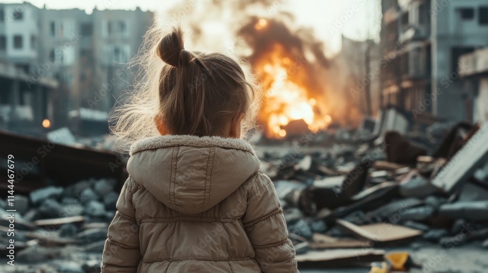 A small child with a bun hairstyle and a coat looks at the rubble and distant fire, conveying themes of innocence and destruction in conflict zones worldwide. A small child with a bun hairstyle and a coat looks at the rubble and distant fire, conveying themes of innocence and destruction in conflict zones worldwide.