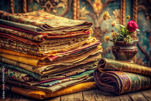 Vintage Fashion Photography: Stacked Papers, Textured Fabric, Retro Style, Old Documents,  Rustic Aesthetic, Fashion Shoot