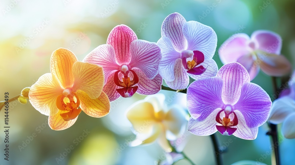 Vibrant Orchids Blooming in Soft Natural Light on Blurred Background Vibrant Orchids Blooming in Soft Natural Light on Blurred Background