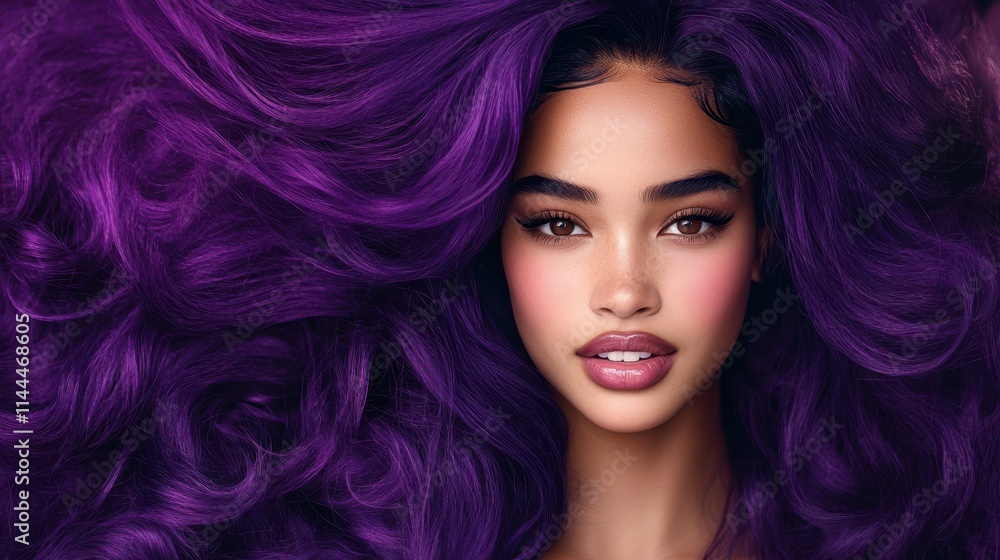 Fototapeta premium A stunning portrait of a woman with voluminous purple hair surrounding her face, complemented by glowing skin and soft makeup, symbolizing beauty and creativity.