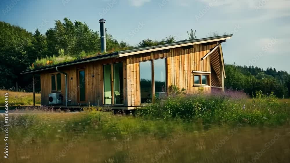 Tranquil wooden cabin amidst lush meadow and shifting sunlight Tranquil wooden cabin amidst lush meadow and shifting sunlight