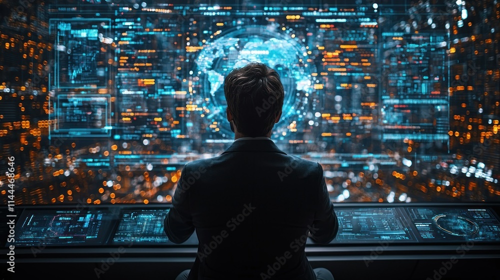 Person analyzing data on a futuristic interface. Person analyzing data on a futuristic interface.