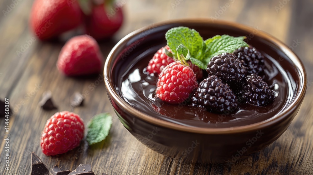 Fresh Berries in Dark Chocolate Sauce on Rustic Wooden Surface Fresh Berries in Dark Chocolate Sauce on Rustic Wooden Surface