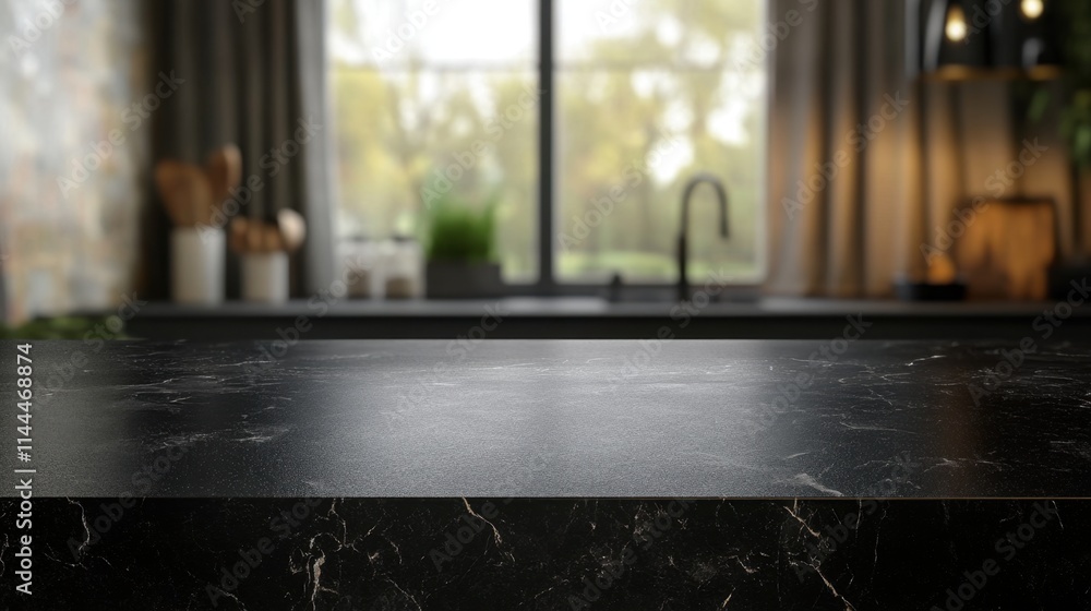 Fototapeta premium Elegant Black Marble Countertop with Bright Natural Light Background