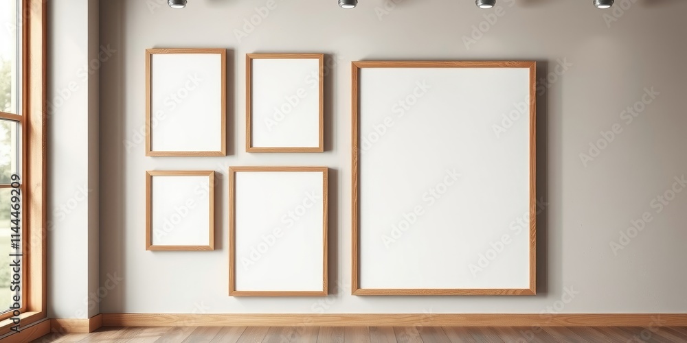 Empty wooden picture frames on a wall mockup Empty wooden picture frames on a wall mockup
