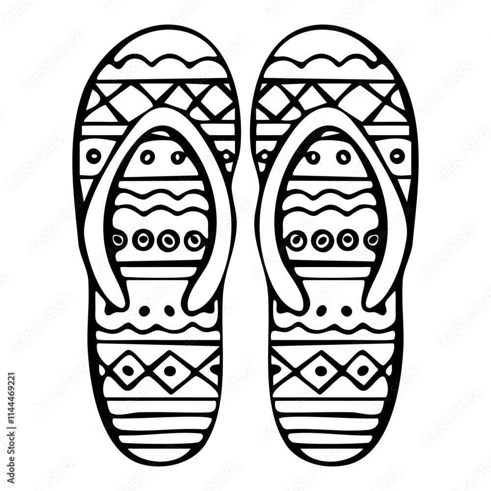 a pair of doodle flip-flops with intricate geometric and wave patterns. Vector hand drawn illustration a pair of doodle flip-flops with intricate geometric and wave patterns. Vector hand drawn illustration