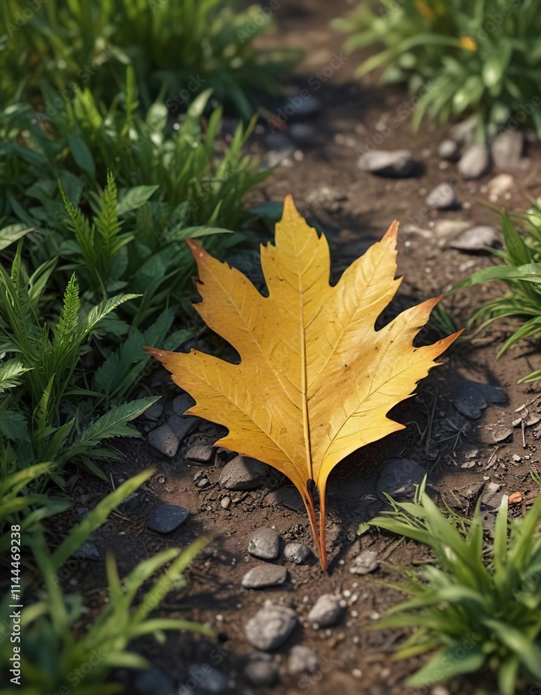 Leaf resting on the ground amidst short blades of grass , grass, rest, landscape Leaf resting on the ground amidst short blades of grass , grass, rest, landscape