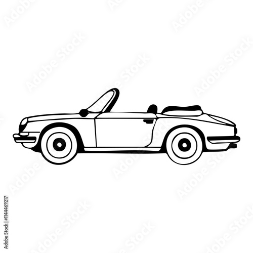 Doodle illustration of a convertible car. Vector hand drawn transport with bold outlines, a sleek body, open roof, detailed wheels, and a classic design.