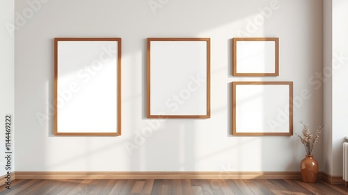 Empty wooden picture frames on a minimalist wall