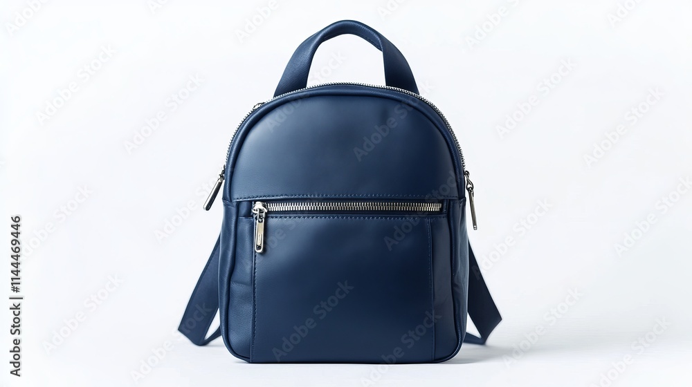 Fototapeta premium Backpack Purse: A compact navy blue backpack purse with a zipper closure and adjustable straps, isolated on a white background. 