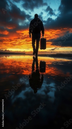Silhouette of a Traveler at Sunset with Reflection