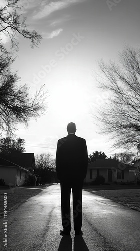 Silhouetted Man at Dawn on Quiet Street