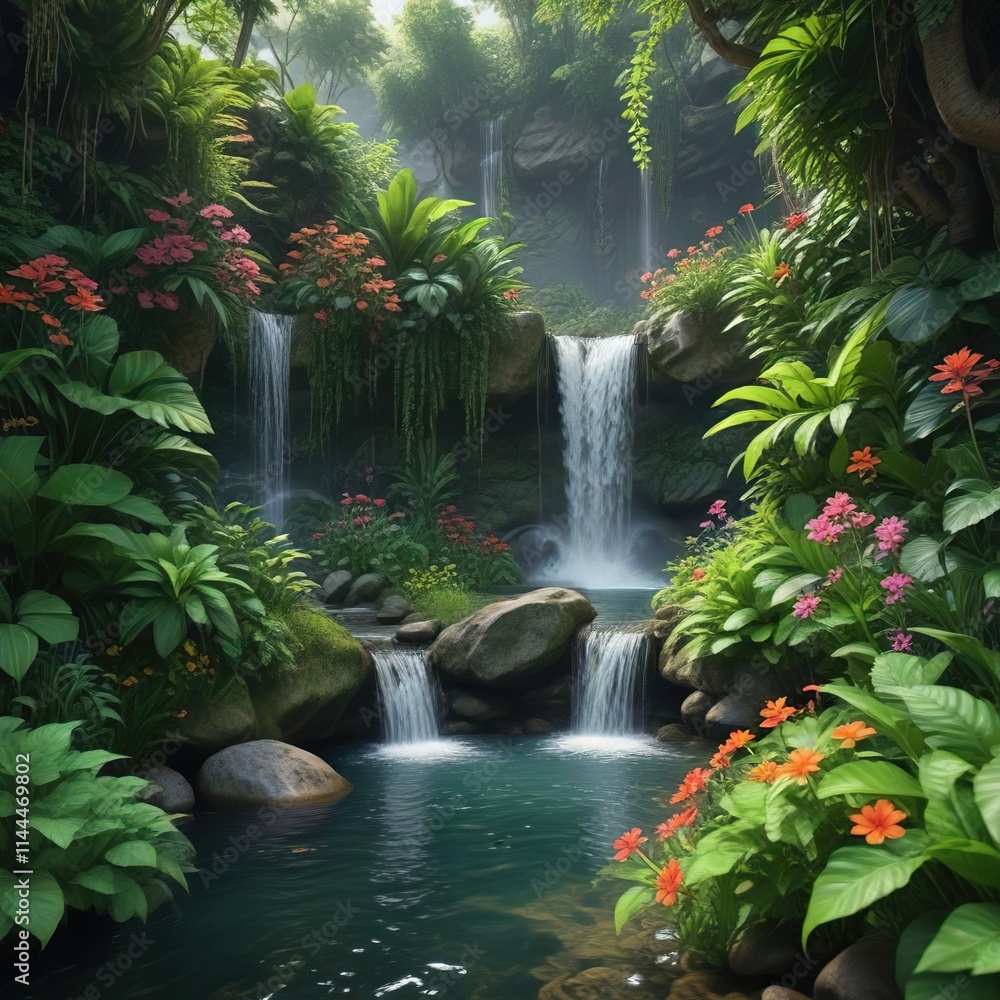Lush green plants and flowers surrounding a small waterfall, forest surroundings, greenery backdrop, verdant landscape Lush green plants and flowers surrounding a small waterfall, forest surroundings, greenery backdrop, verdant landscape