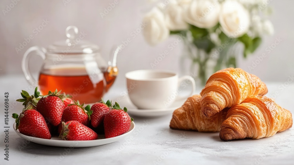 Fresh Strawberries and Croissants with Tea and White Roses Arrangement Fresh Strawberries and Croissants with Tea and White Roses Arrangement