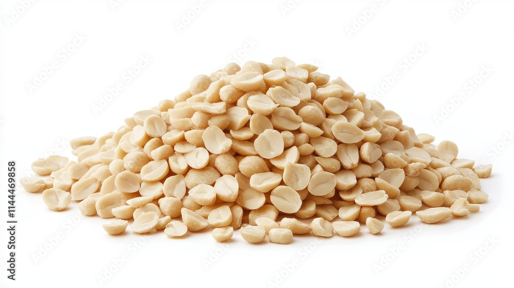 Peanuts (Shelled): A small pile of shelled peanuts, showcasing their beige, smooth texture, isolated on a white background. Peanuts (Shelled): A small pile of shelled peanuts, showcasing their beige, smooth texture, isolated on a white background.
