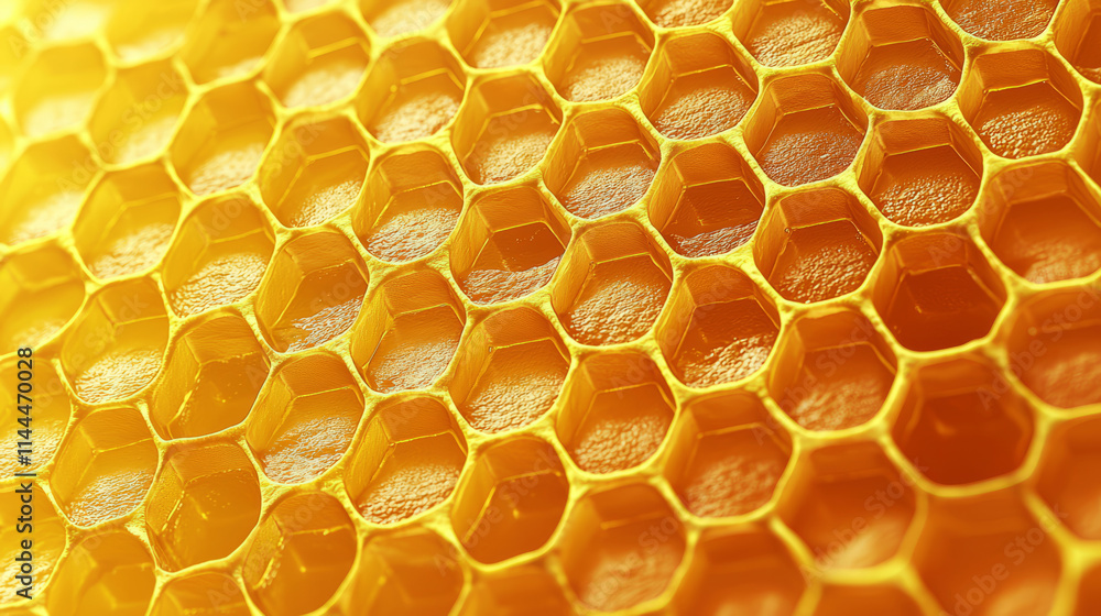 Close-up view of a honeycomb hive pattern with yellow hexagon wax Close-up view of a honeycomb hive pattern with yellow hexagon wax