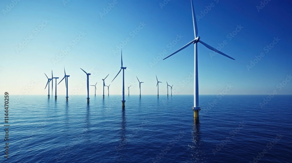 Offshore Wind Turbines in Calm Blue Ocean Under Clear Sky Offshore Wind Turbines in Calm Blue Ocean Under Clear Sky