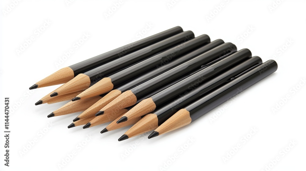 Pen and Pencil Set: A set of black pens and wooden pencils arranged together, isolated on a plain white background. Pen and Pencil Set: A set of black pens and wooden pencils arranged together, isolated on a plain white background.