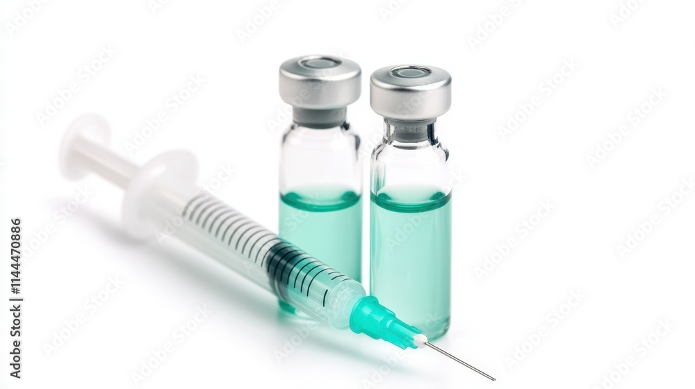 A syringe next to two vials containing a turquoise liquid, suggesting a medical or vaccine-related context. A syringe next to two vials containing a turquoise liquid, suggesting a medical or vaccine-related context.