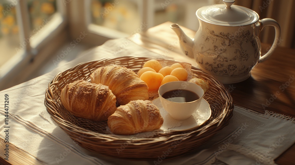 Freshly Baked Croissants and Tea on Rustic Table by Window Freshly Baked Croissants and Tea on Rustic Table by Window