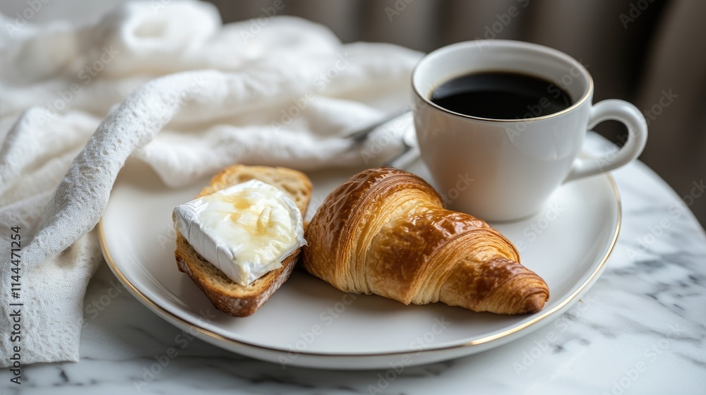 Fresh Croissant and Toast with Cream Cheese and Coffee Delight Fresh Croissant and Toast with Cream Cheese and Coffee Delight