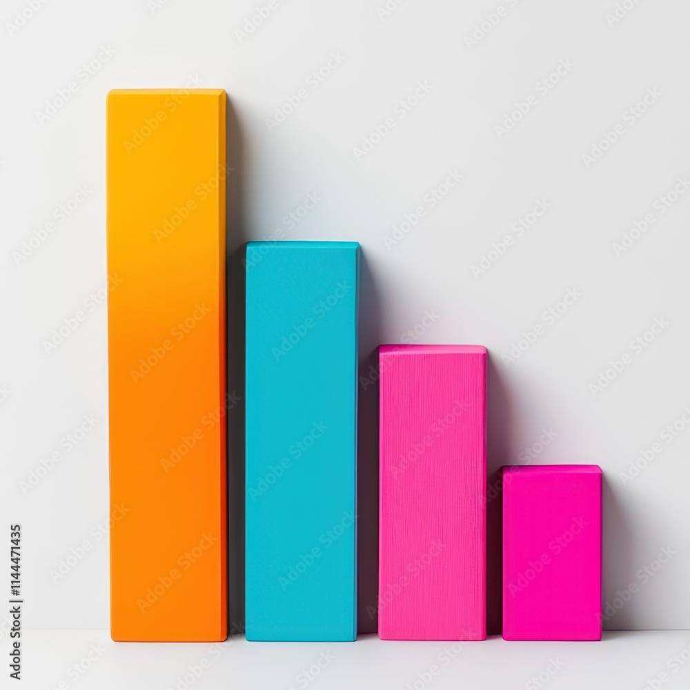 A colorful bar graph displays varying heights of blocks in orange, turquoise, and pink, representing data visually. A colorful bar graph displays varying heights of blocks in orange, turquoise, and pink, representing data visually.